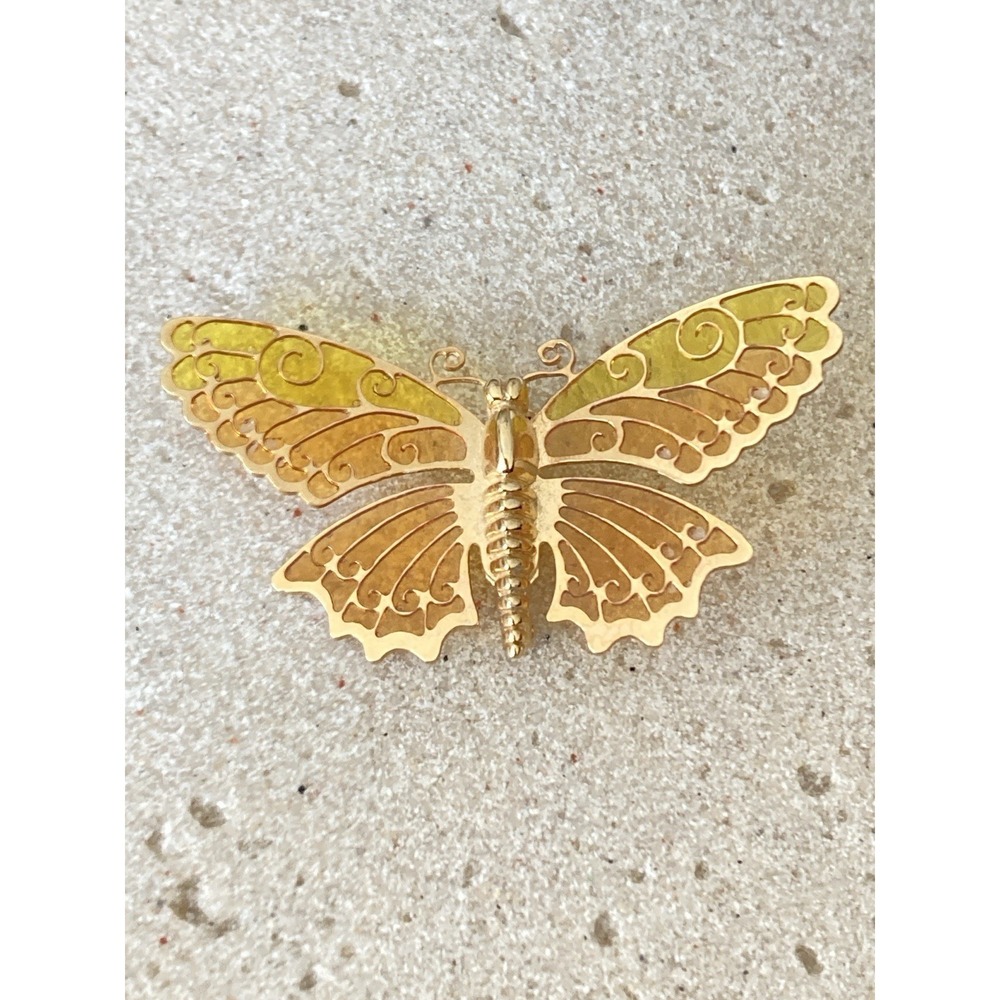 Vintage AVON Luminous‎ Wings Brooch Peachy Honey 1970s Gold Tone Butterfly Pin